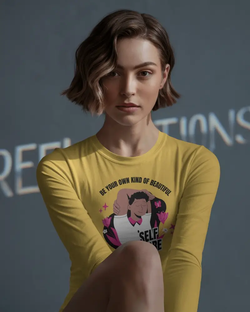 Reflective Background Long Sleeve Tshirt Mockup Female Model With Confident Gaze