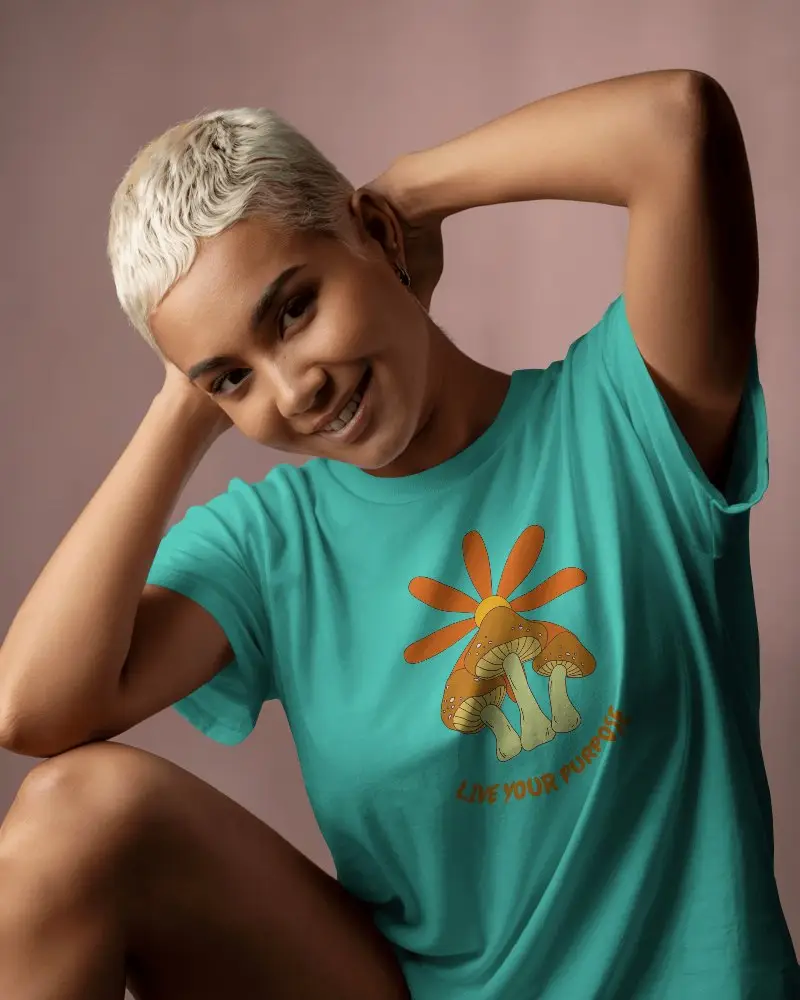 Cheerful Pose Female Model White T Shirt Mockup With Earrings And Short Hair Under Soft Focus