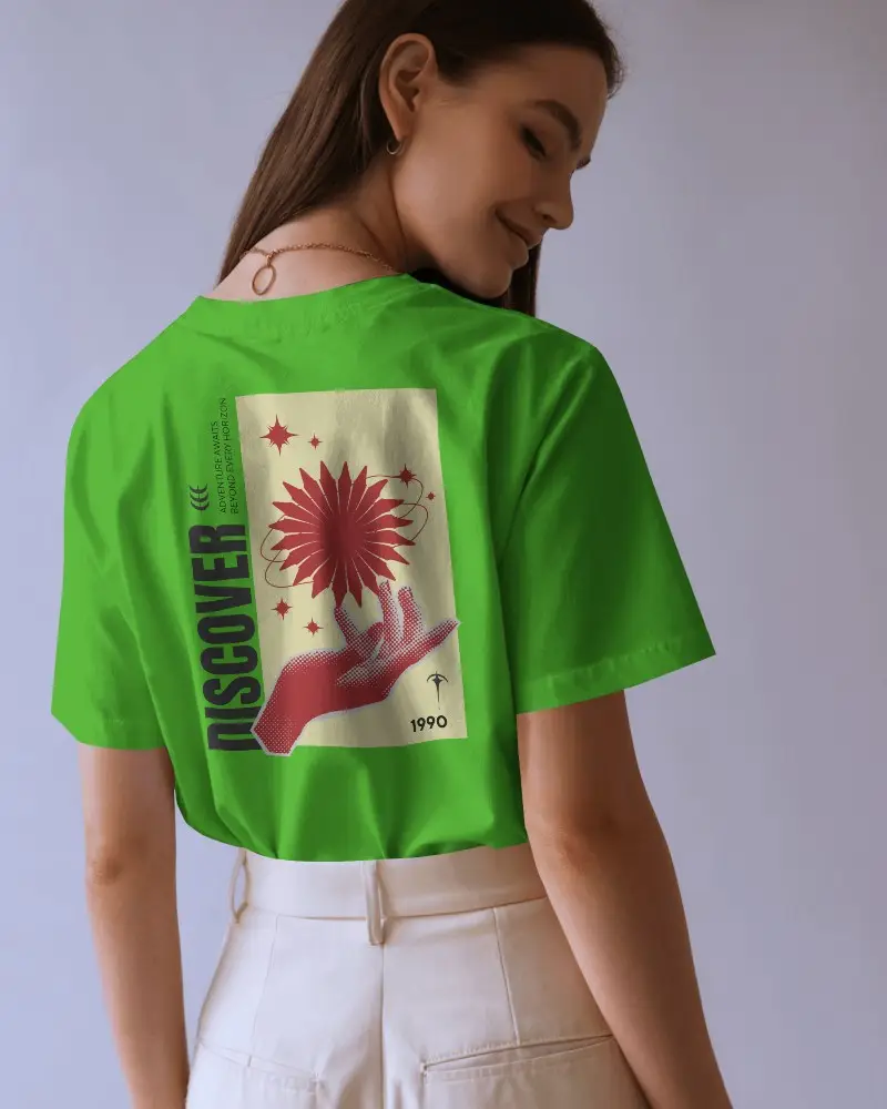 Soft Tone Back Print T Shirt Mockup Girl In Neutral Trousers Turning Head In Light Filled Modern Photo Shoot