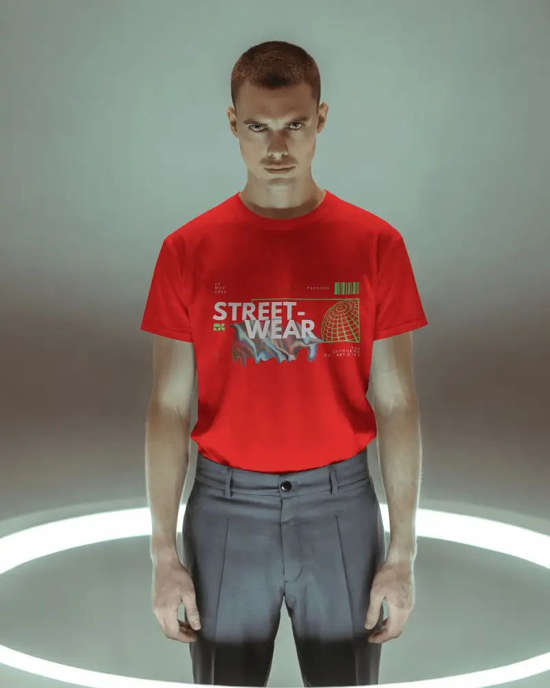 Intense Gaze Fashion Mockup Front Facing Tshirt Template On Male Model In Illuminated Studio Setting