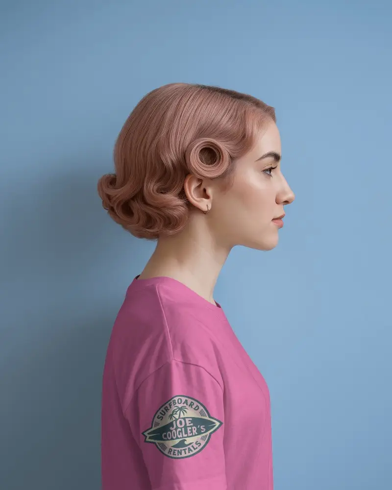 Retro Inspired Tshirt Mockup Female Model Side Profile With Sculpted Vintage Hair Blue Background