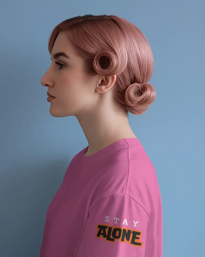 Classic Beauty Tshirt Mockup Model Facing Left With Pinup Hairstyle Against Pastel Blue Wall