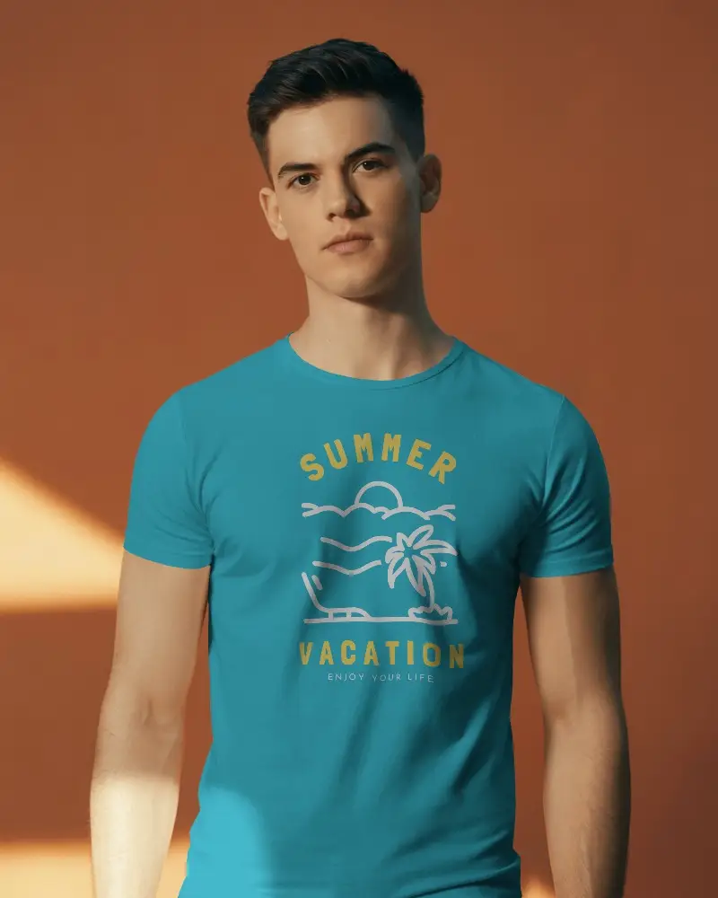 High Impact Visual T Shirt Mockup On Fit Male Model In Warm Interior Lighting Great For Masculine Fashion Lines