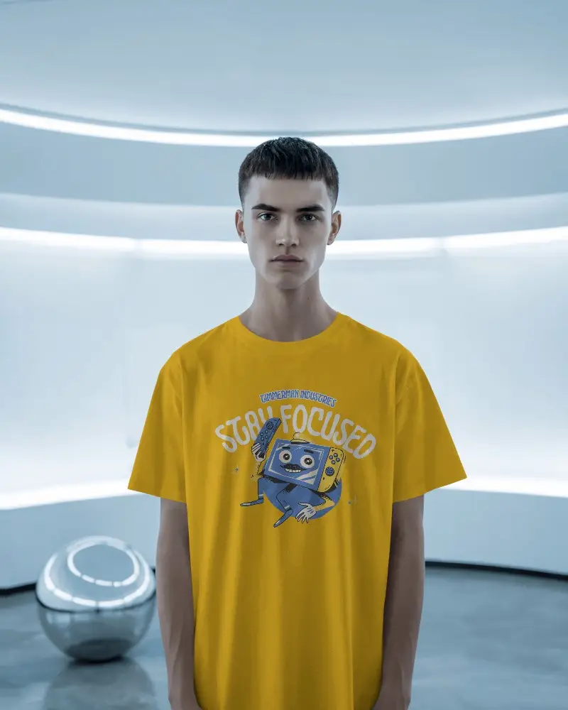 Futuristic Interior T Shirt Mockup With Male Model Standing In Modern Tech Inspired Environment For Brand Showcase