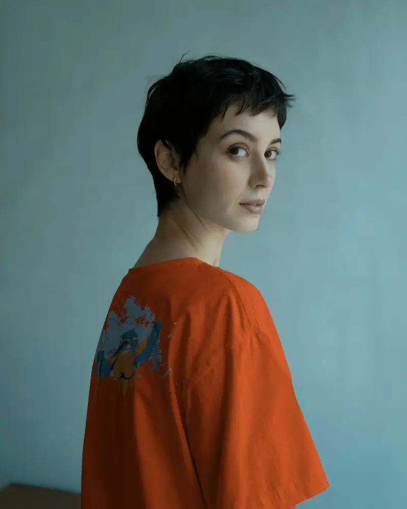 Elegant T Shirt Mockup Female Model In Side Profile With Calm Expression And Subtle Light Perfect For Soft Fashion Launch