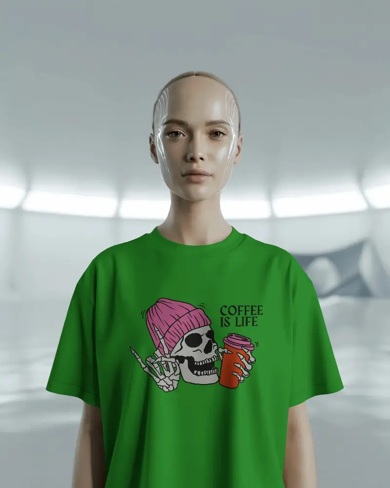Futuristic Themed T Shirt Mockup With Robotic Female Model In High Tech Studio Environment For Sci Fi Apparel Brand