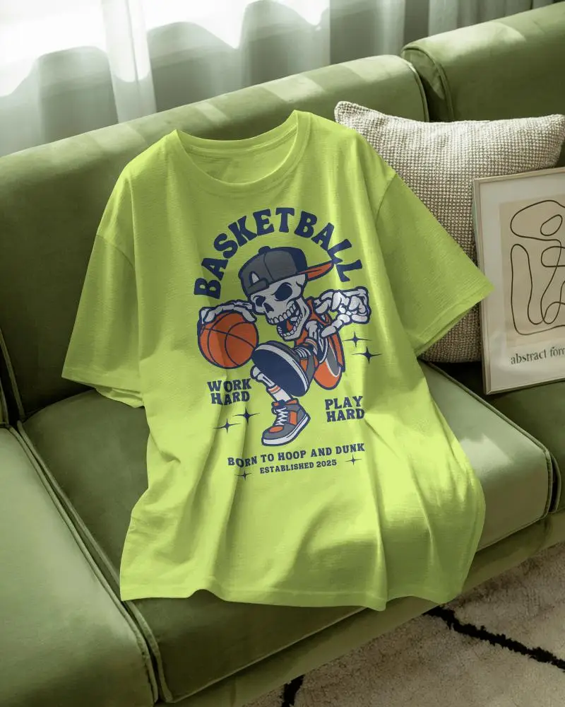 Casual Cozy Tshirt Mockup Loose Fit Tee Draped On Green Couch With Sunlight Abstract Art Decor Home Interior Vibe