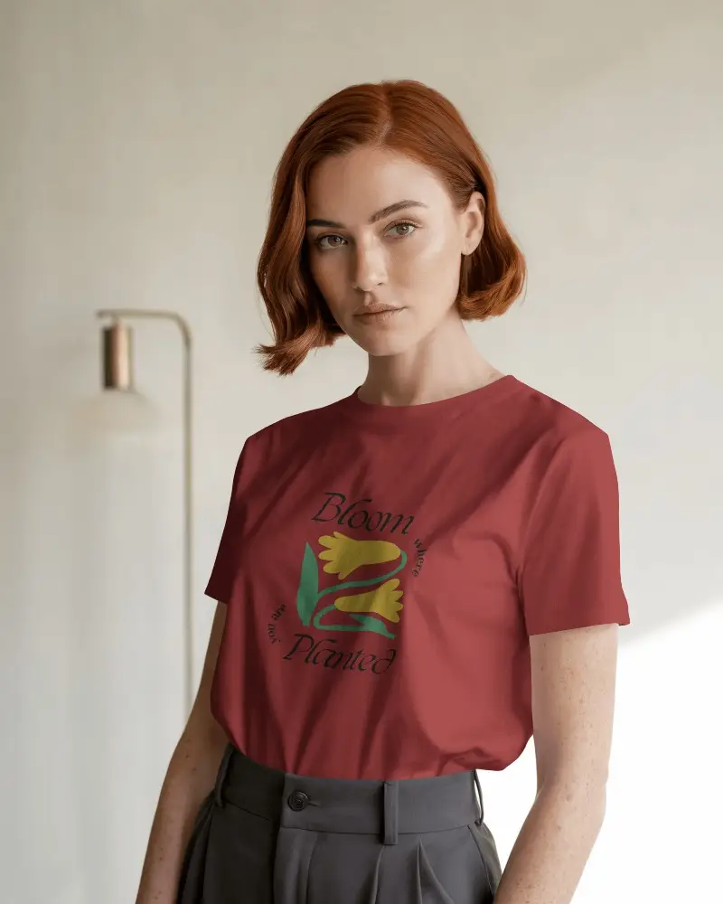 Editorial Portrait Tshirt Mockup Female Model In High Waist Trousers Clean And Professional Studio Ambience