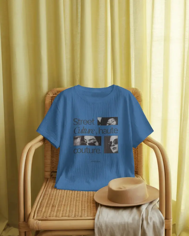 Relaxed Lifestyle Tshirt Mockup Draped On Rattan Chair Against Yellow Curtain With Hat Soft Boho Interior Theme