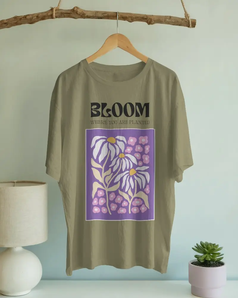 Natural Wooden Hanger Tshirt Mockup On Diy Branch Display Against Light Wall With Home Decor Items Modern Setup