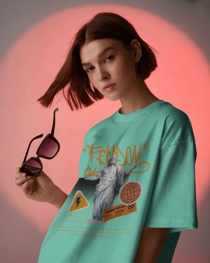 Editorial Tshirt Mockup Female Model Holding Sunglasses Against Glowing Red Halo Background Soft Modern Aesthetic