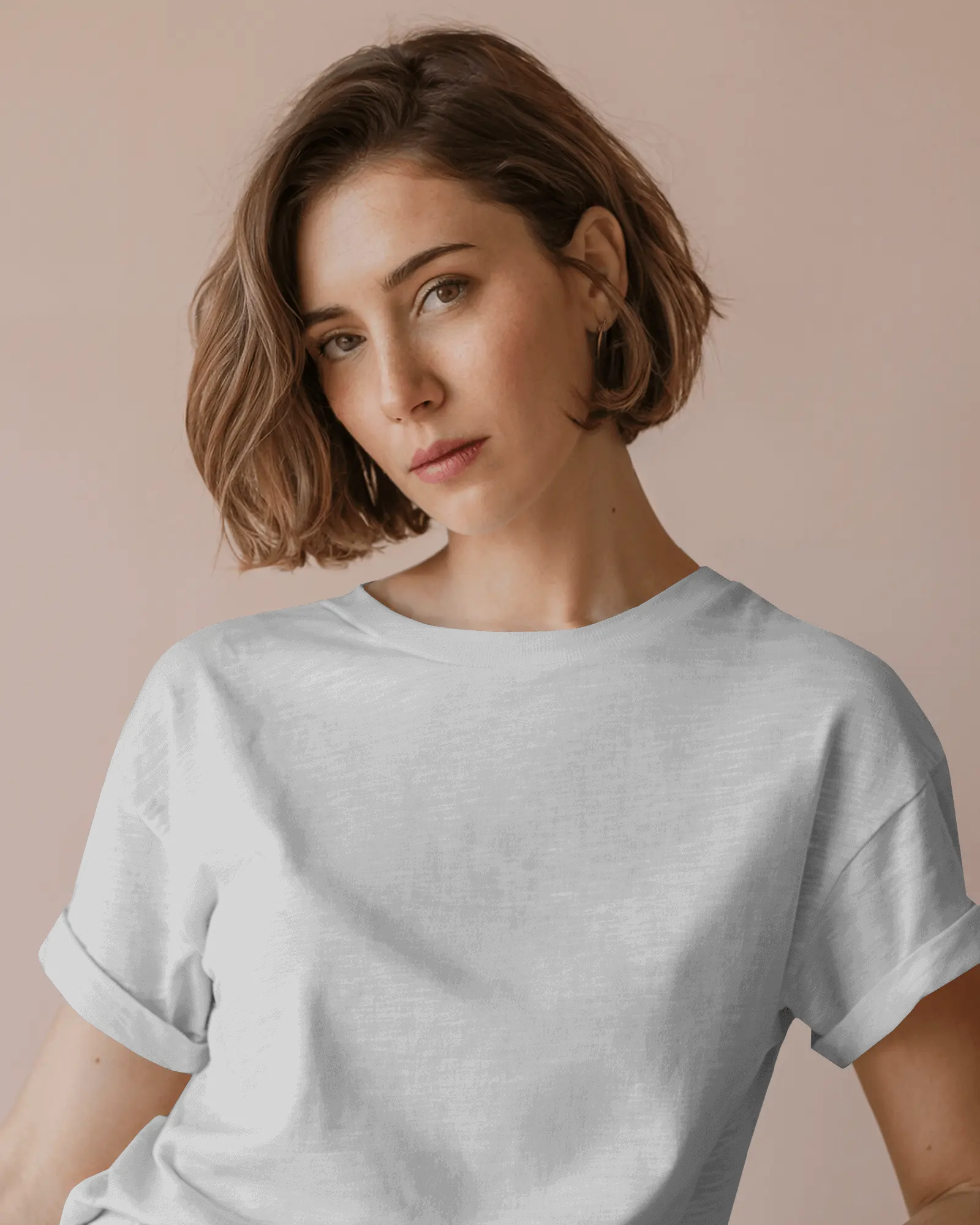 Pastel Background Fashion T Shirt Mockup Young Woman Posing In Blank Rolled Sleeve Tshirt