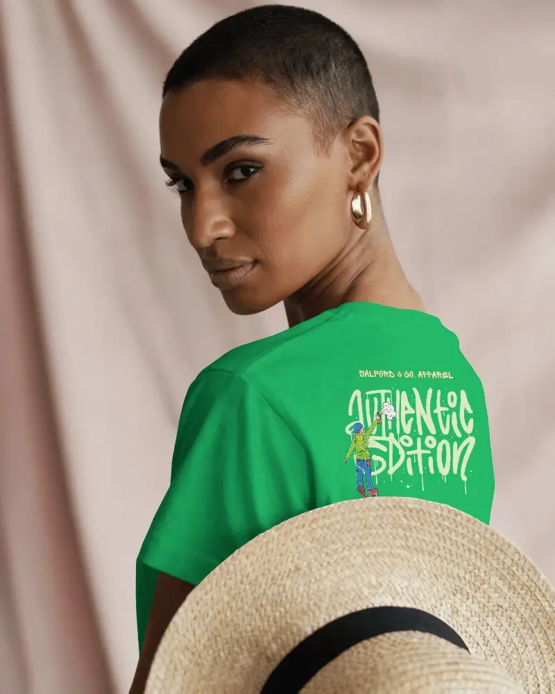 Confident Female Model T Shirt Mockup With Back Print Design Holding Summer Hat Against Neutral Fabric Backdrop