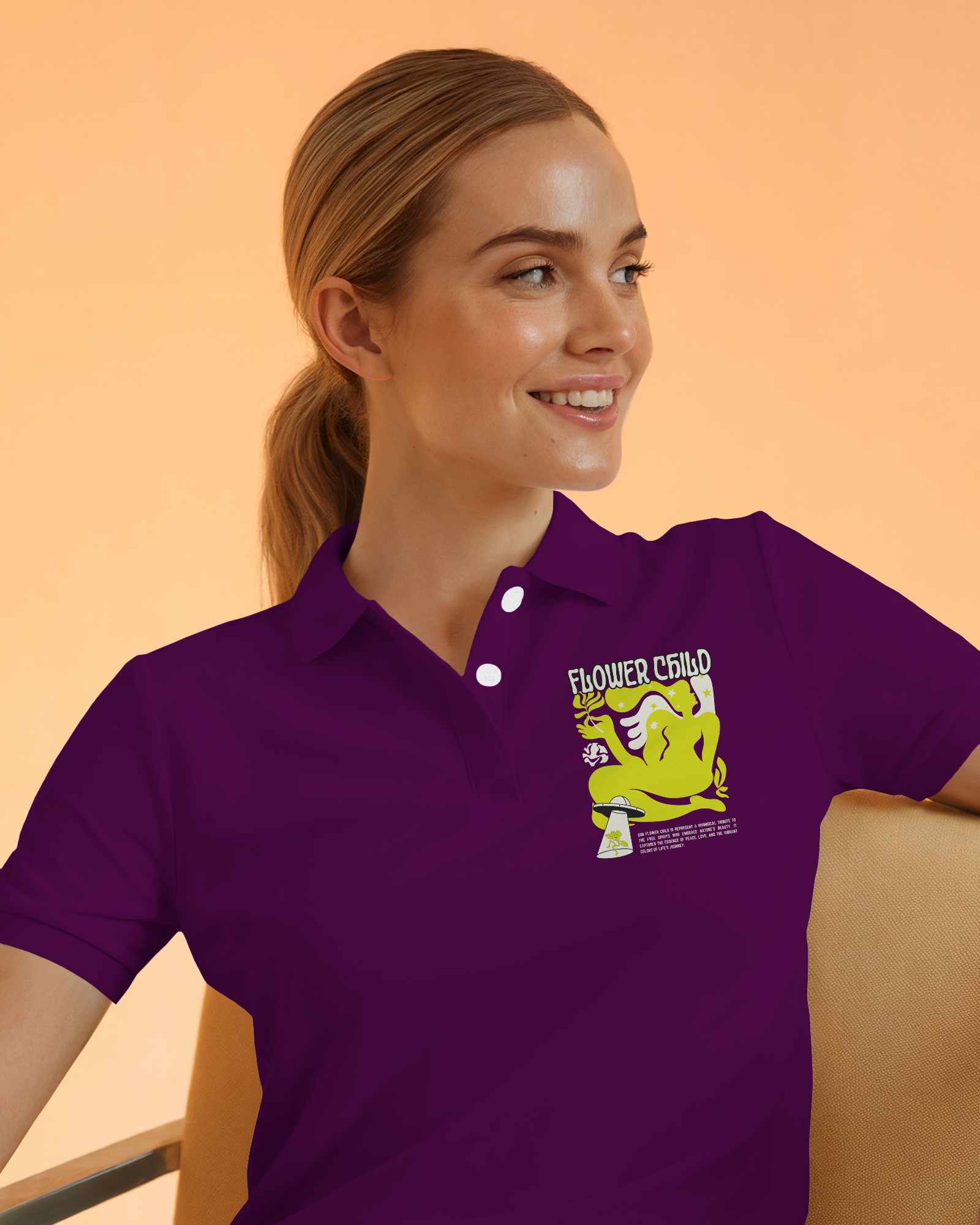 Vibrant Polo Shirt Mockup Female Model Smiling Against Warm Orange Background Relaxed And Modern Look