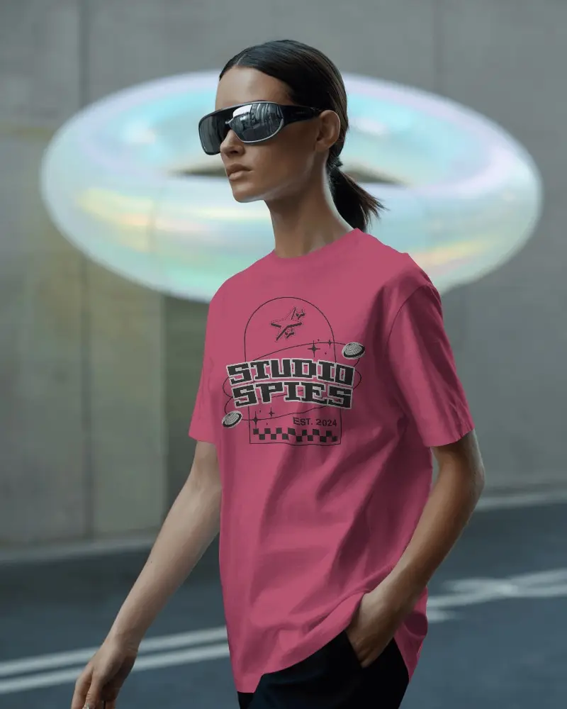 Futuristic Urban Tshirt Mockup With Female Model In Black Sunglasses And Minimal Cityscape