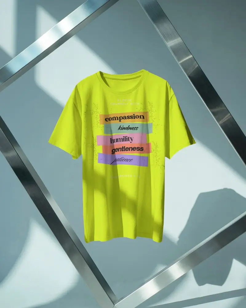 Tshirt Mockup Suspended In Geometric Metal Frame Modern Light Blue Backdrop Crisp Shadows Minimal Design Display