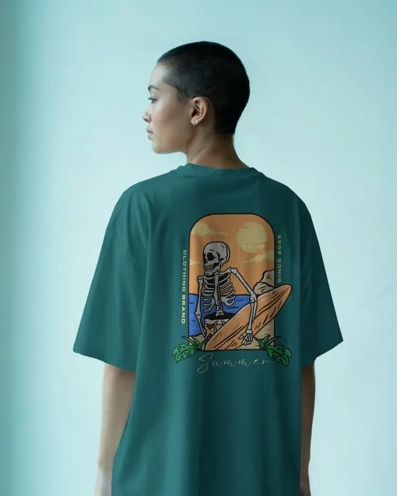 Tshirt Mockup Side Facing Model With Buzzcut Soft Blue Background Relaxed Fit And Clean Back Design Focus