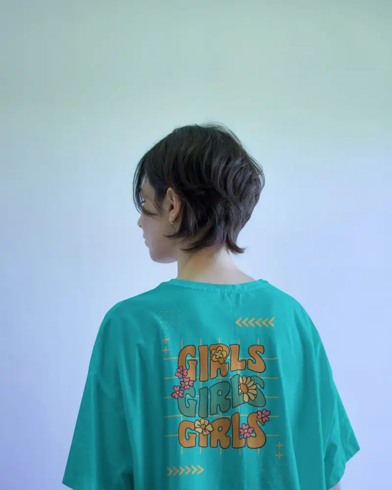 Pastel Gradient Backdrop T Shirt Mockup Short Haired Model Facing Away Soft Light Modern Minimal Studio Style