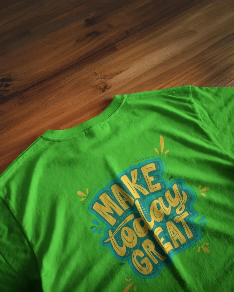 Natural Wood Surface T Shirt Mockup Flat Lay Back View With Evening Light And Soft Shadows Organic And Minimal Aesthetic