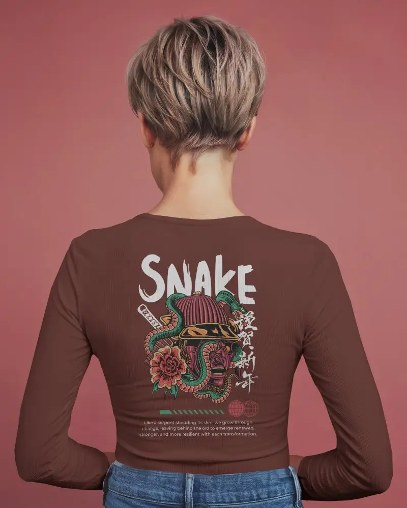 Rose Backdrop Long Sleeve Mockup Female Model Facing Away Showcasing Back Design In Clean Modern Style