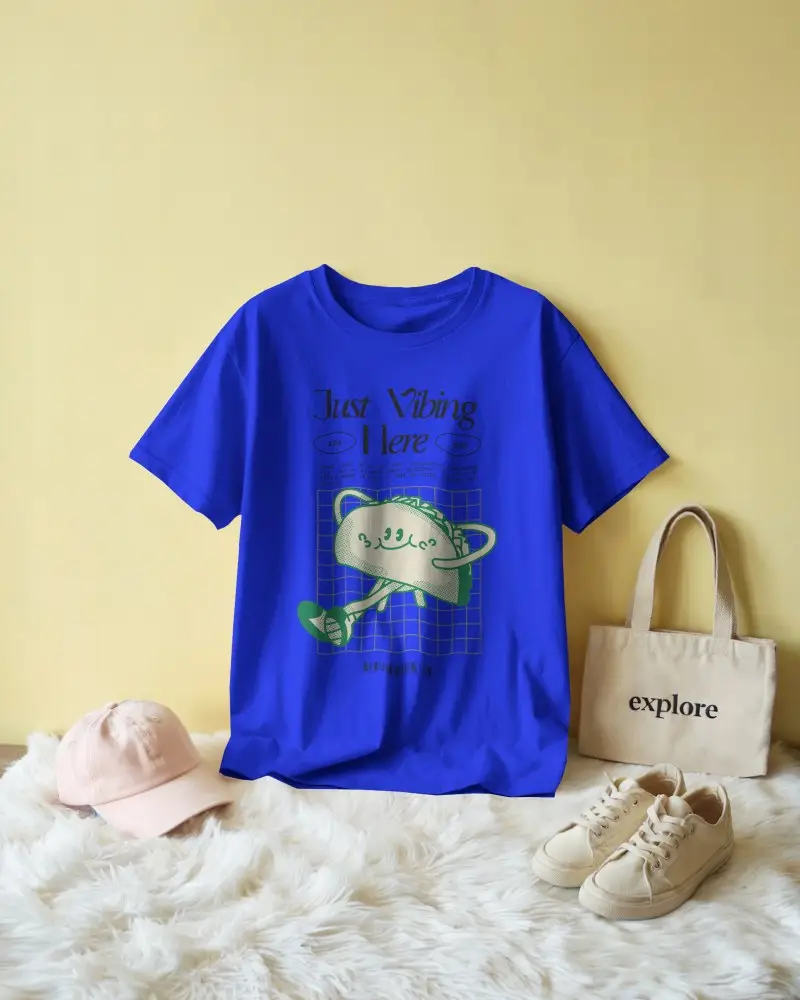Yellow Wall Flatlay T Shirt Mockup With Accessories Pink Cap Canvas Tote And Sneakers On White Rug In Cozy Lifestyle Setting
