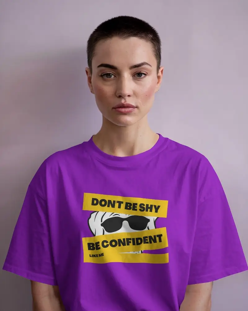 Minimal Studio T Shirt Mockup Female Model With Buzzcut Facing Forward Against Soft Purple Background Clean And Focused Style