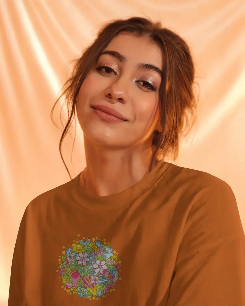 Tshirt Mockup Soft Peach Backdrop Female Model Smiling Gently Warm Glow Aesthetic Closeup Shot