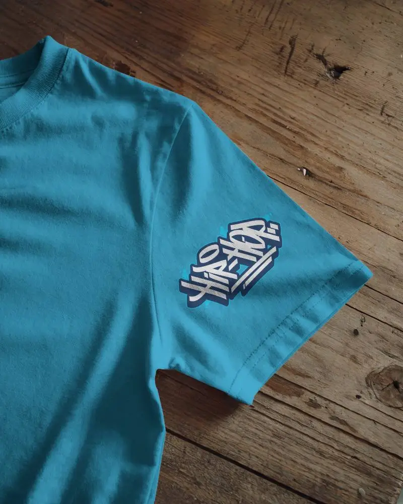 Tshirt Mockup Closeup Sleeve Design On Rustic Wooden Surface Natural Light Texture Detail Focused