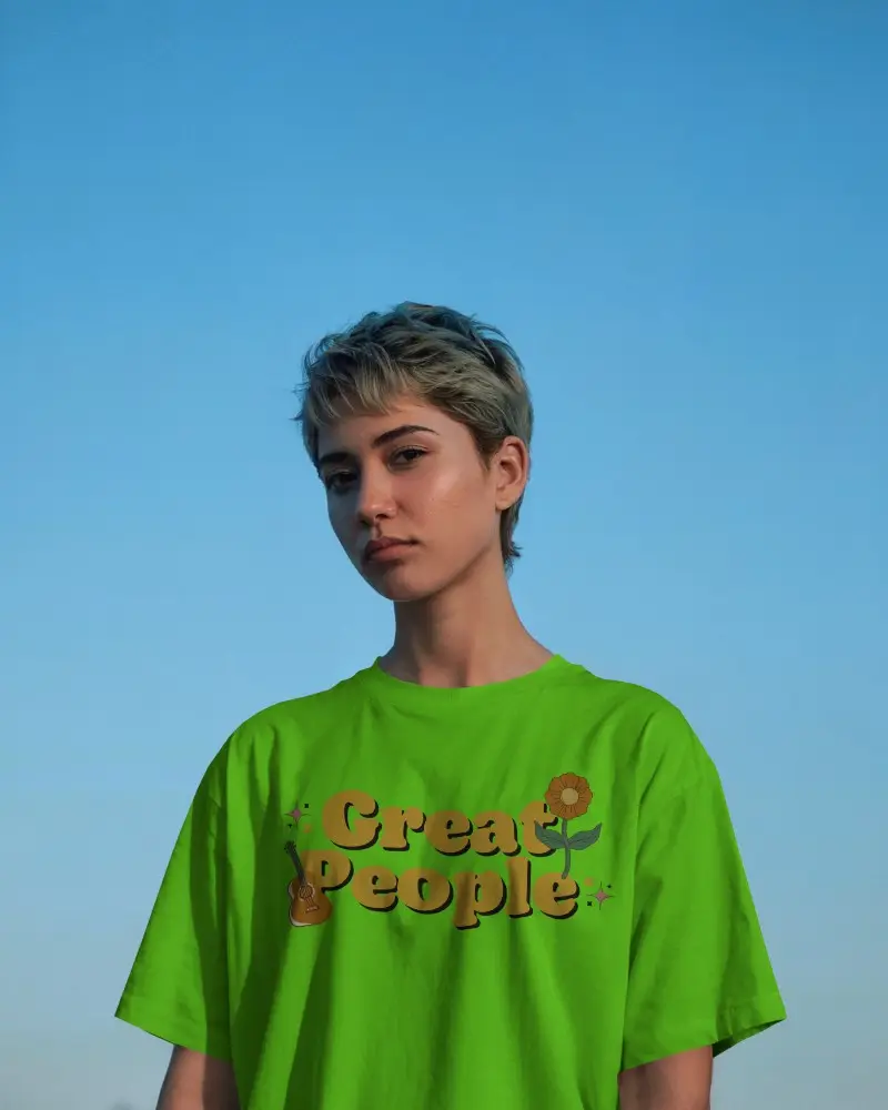 Dusk Sky Tshirt Mockup Female Model Gazing Forward In Evening Light With Clear Blue Backdrop