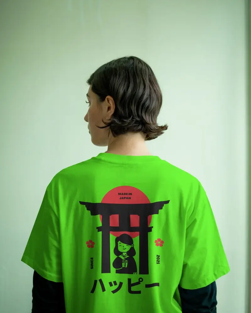 Tshirt Mockup Minimalist Green Background Female Model Facing Away In Soft Indoor Light Calm Mood