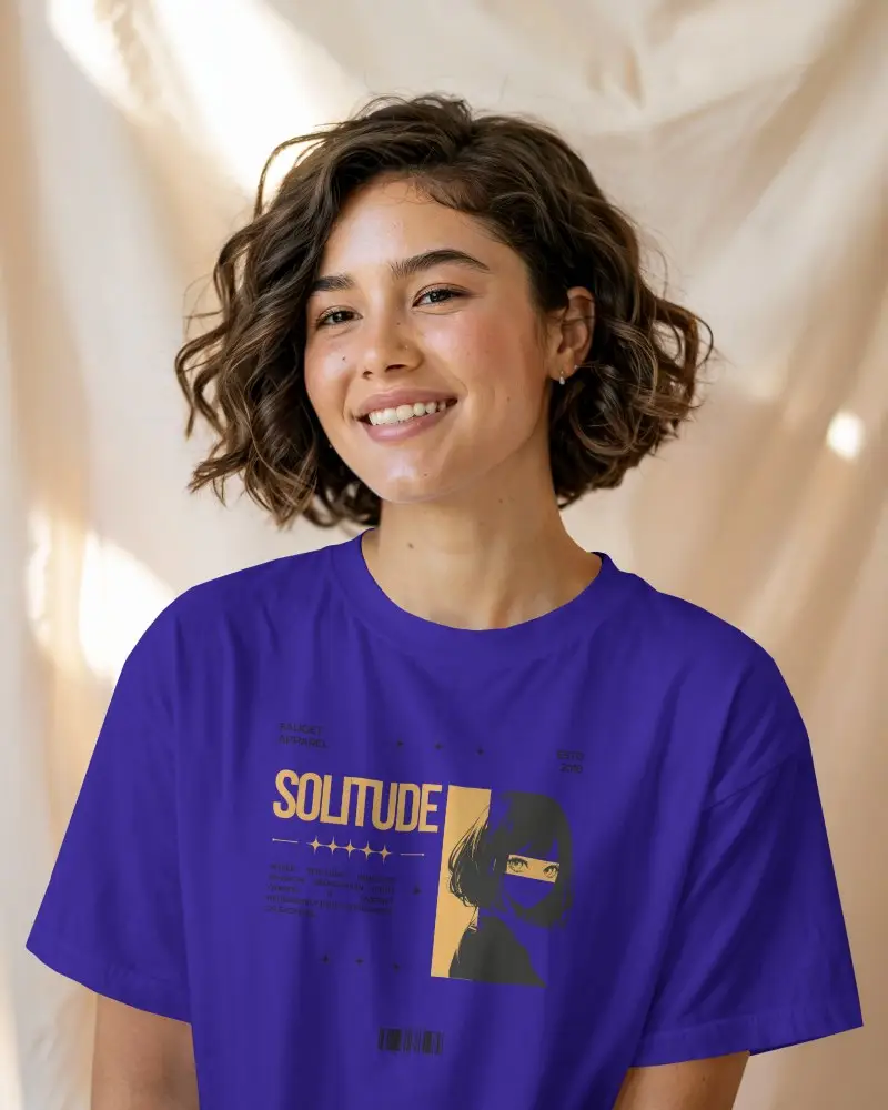 Tshirt Mockup Soft Curtained Background Female Model Smiling In Natural Light Relaxed And Cheerful Vibe