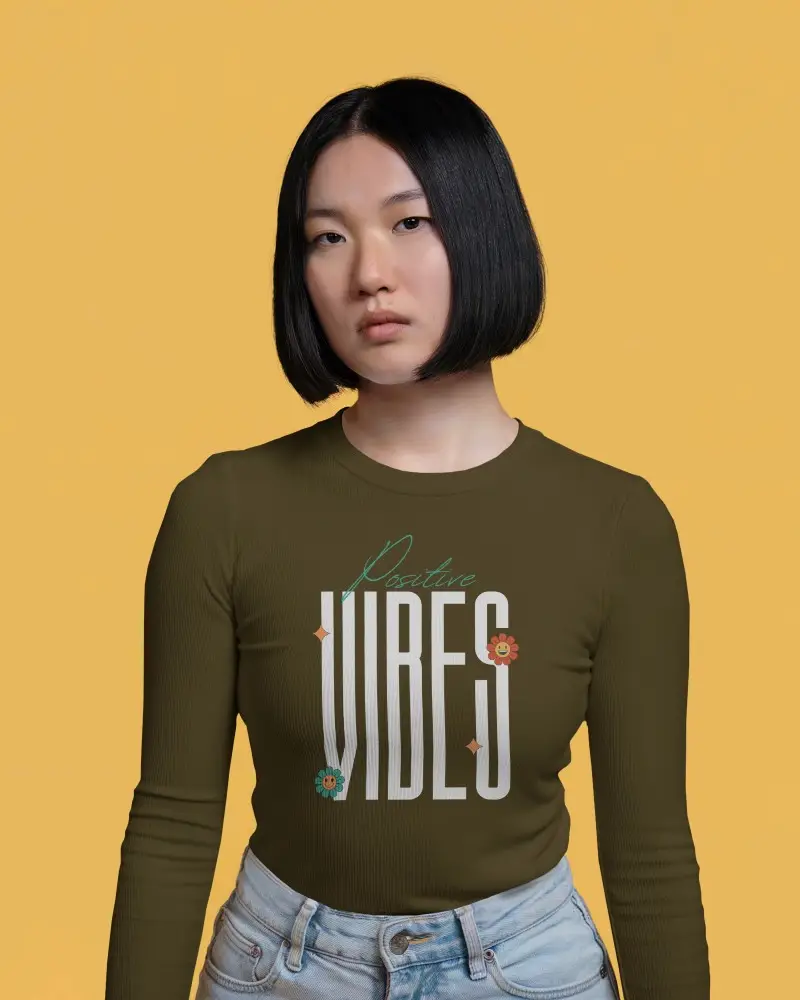 Longsleeve Mockup Bold Yellow Backdrop Female Model With Black Bob Hair Neutral Expression Closeup Front View