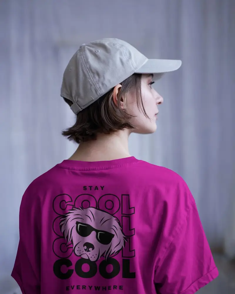 Casual Backside Tee Mockup Girl In Light Gray Outfit With Hat Curtain Background For Print Showcase