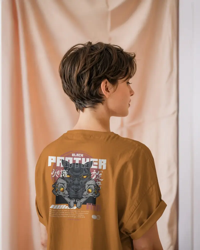 Back View T Shirt Mockup Female Model With Short Hair Wearing Gray Tee With Customizable Design Space Soft Pink Background Modern And Minimalistic