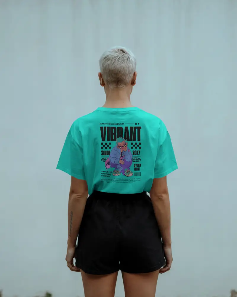 Outdoor Tshirt Mockup Woman With Platinum Hair Facing Away Minimal Blue Wall Clean Summer Look