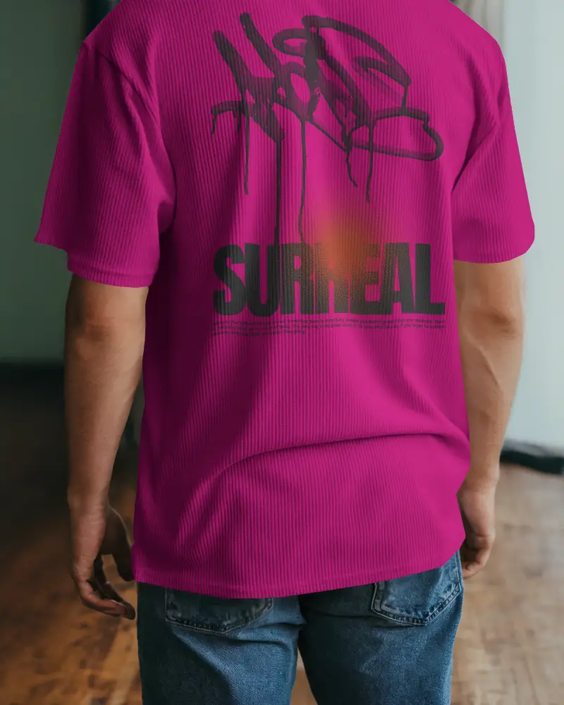 Indoor Tshirt Mockup Back View Man In Ribbed White Shirt And Jeans Soft Lighting Wooden Floor