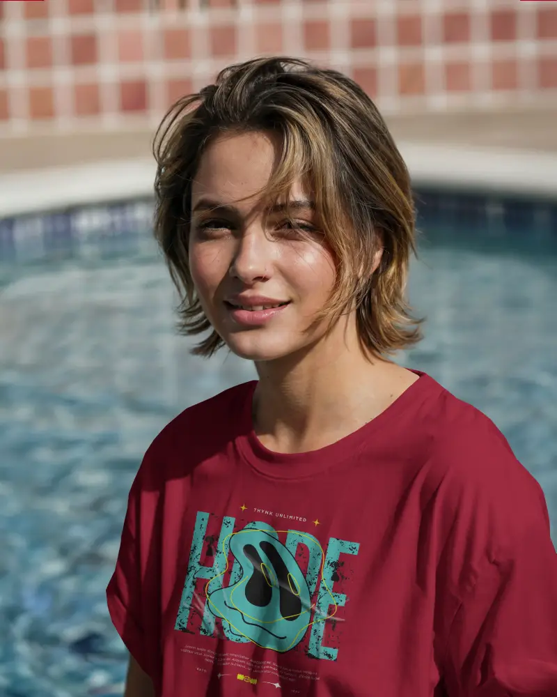 Poolside Tshirt Mockup Woman Smiling In Sunlight White Tee With Blue Water And Tiles In Background