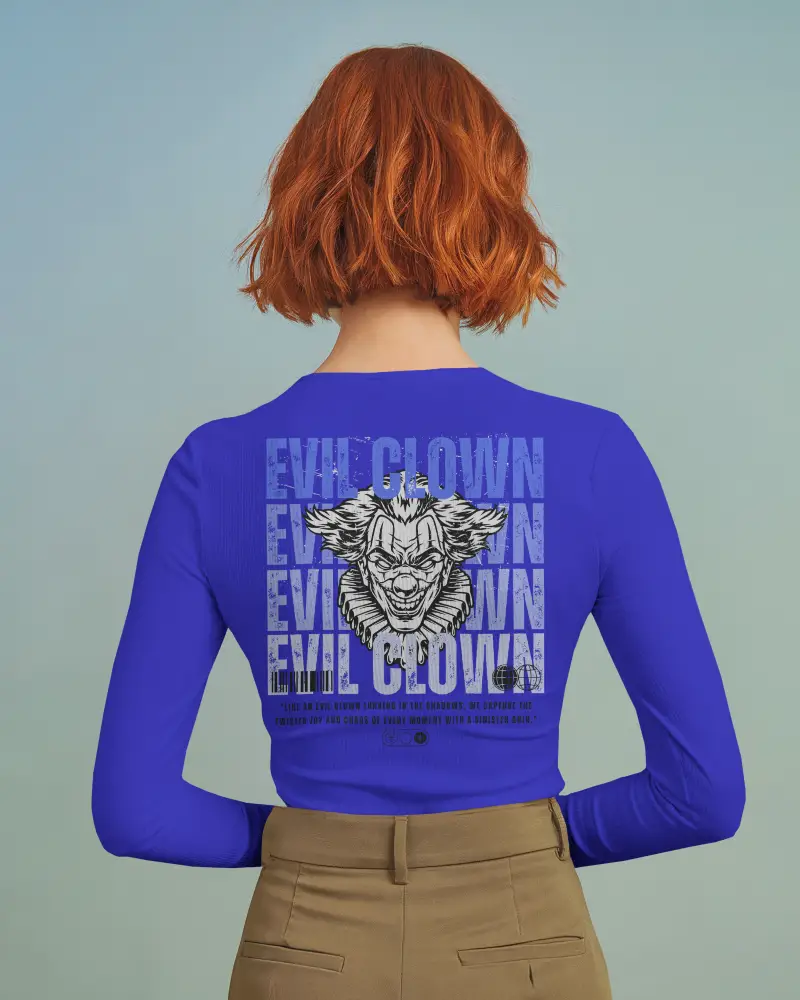 Studio Backview Tshirt Mockup Woman In Fitted White Top Brown Trousers Blue Gradient Background