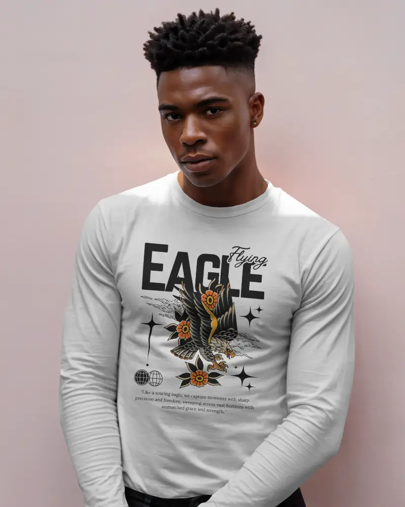 Studio Tshirt Mockup Man In Fitted White Long Sleeve Against Soft Pink Wall Clean Modern Look