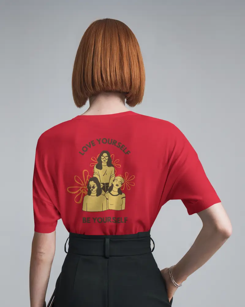 Studio Tshirt Mockup Back View Woman With Bob Hair High Waist Trousers Grey Background Clean Look