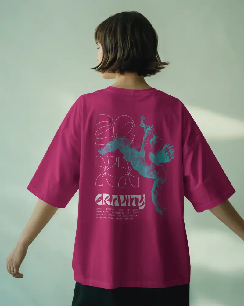 Studio Tshirt Mockup Woman Facing Away In Oversized Tee Soft Green Gradient Backdrop Flowy Pose