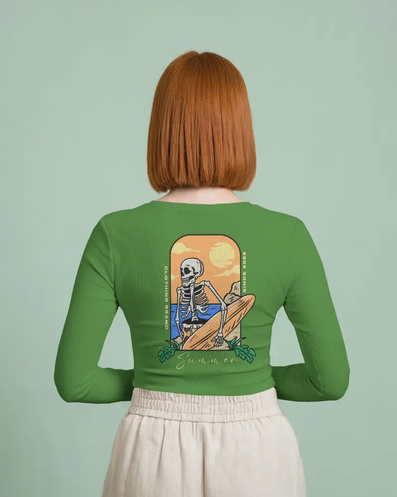 Studio Backview Tshirt Mockup Woman Fitted White Ribbed Top Beige Pants Mint Background Clean Style