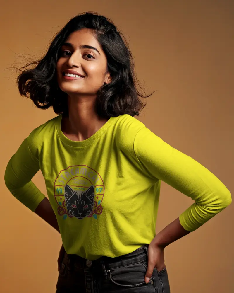 Studio Tshirt Mockup Woman Smiling In White Long Sleeve Tee Dark Jeans Warm Gradient Background