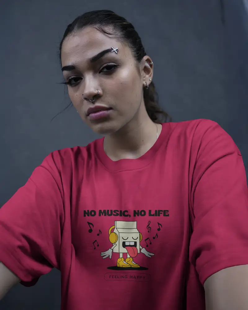 Urban Tshirt Mockup Woman In White Tee With Piercings Dark Blue Wall Edgy Streetwear Style