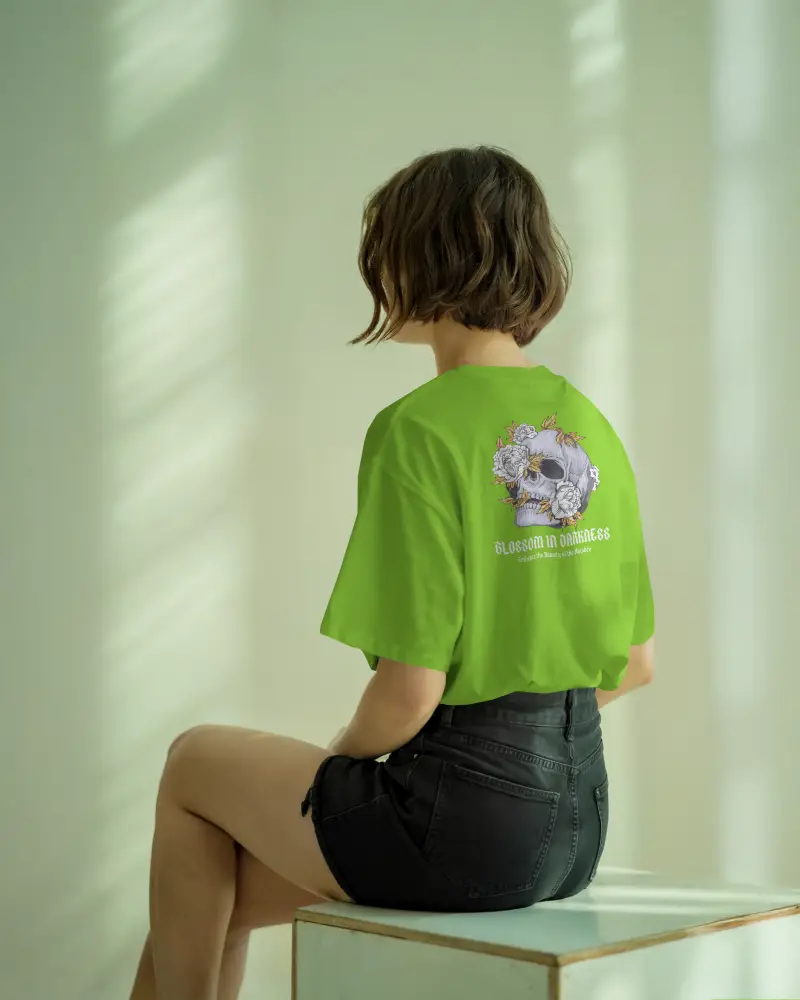 Natural Light Tshirt Mockup Woman Sitting Back View White Tee Soft Green Wall Peaceful Mood