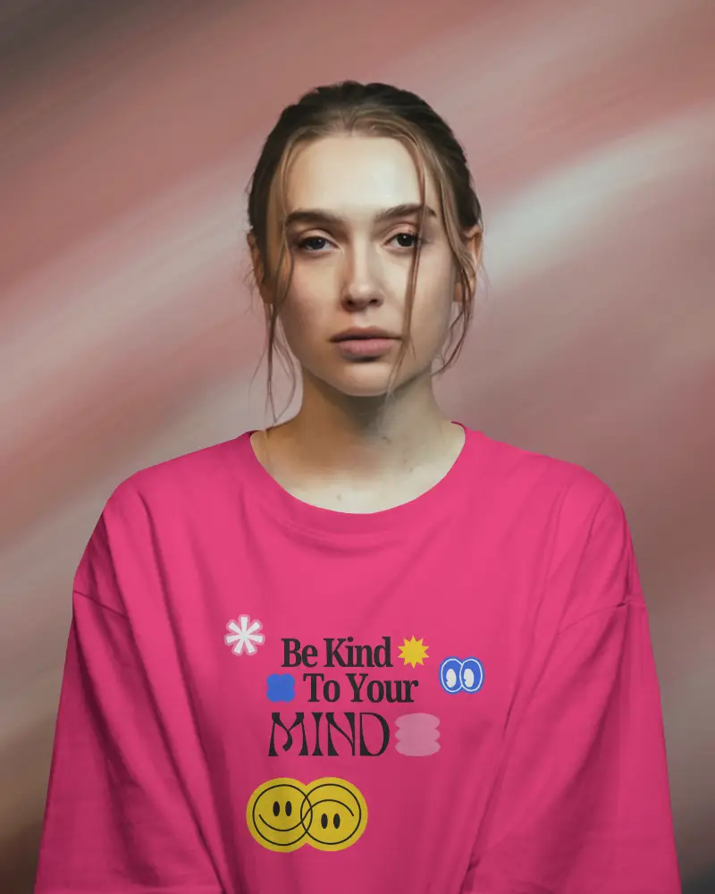 Studio Tshirt Mockup Woman In White Tee Soft Pink Motion Backdrop Calm Expression Centered Look