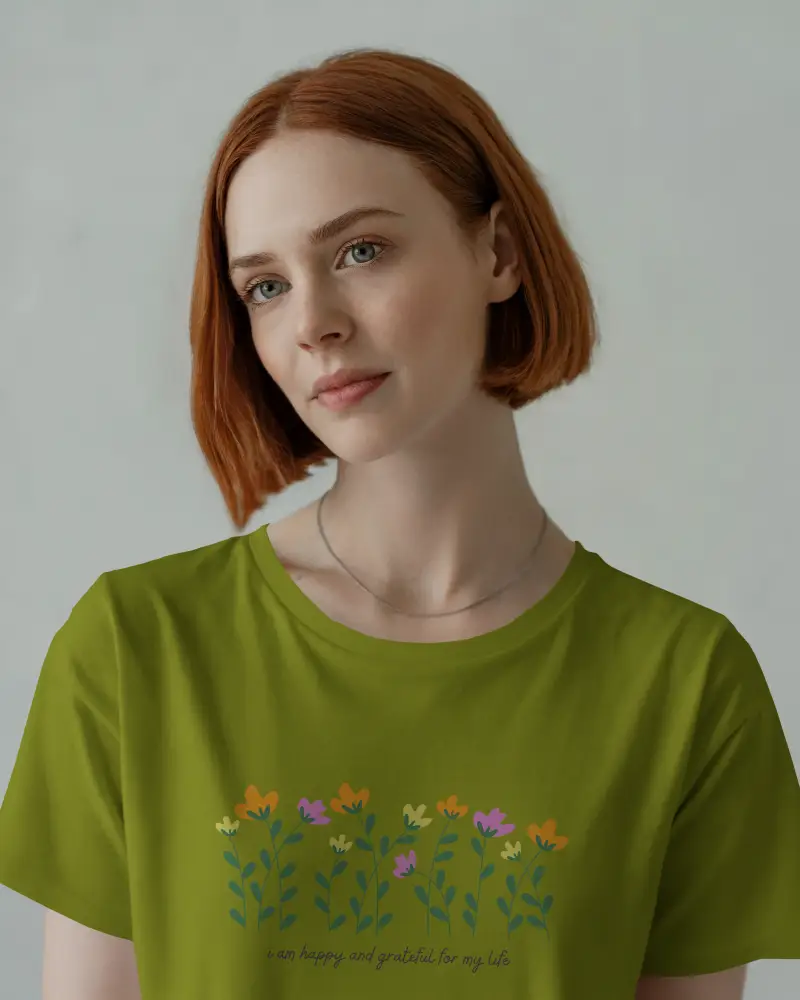 Studio Tshirt Mockup Woman With Red Bob In White Tee Soft Natural Light On Grey Wall Calm Look