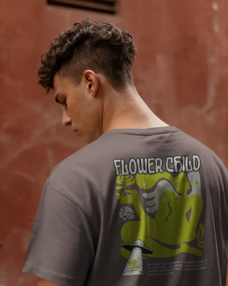 Outdoor Backview Tshirt Mockup Man In White Tee Looking Down Rusty Wall Background Soft Lighting