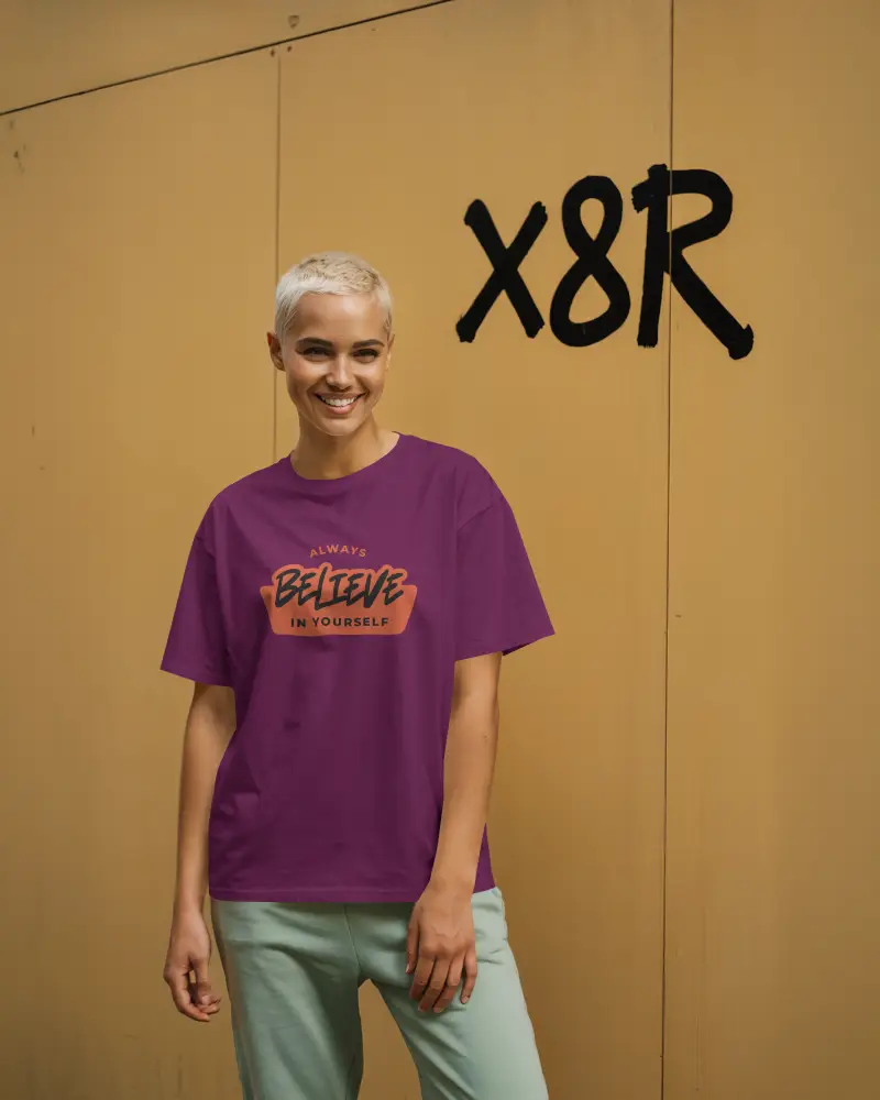 Urban Tee Mockup Smiling Woman Blonde Hair Graffiti Wall Background Outdoor Scene Design Template