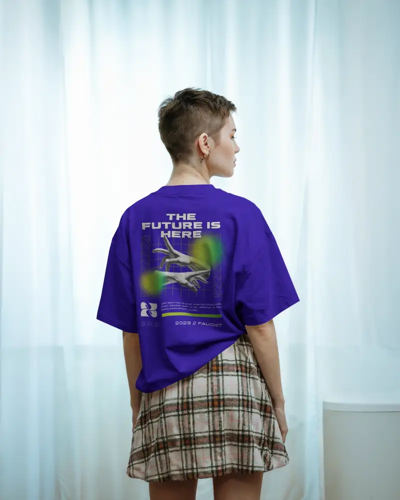 Tshirt Mockup Back View Woman Short Hair Plaid Skirt Light Curtain Background Fashion Template